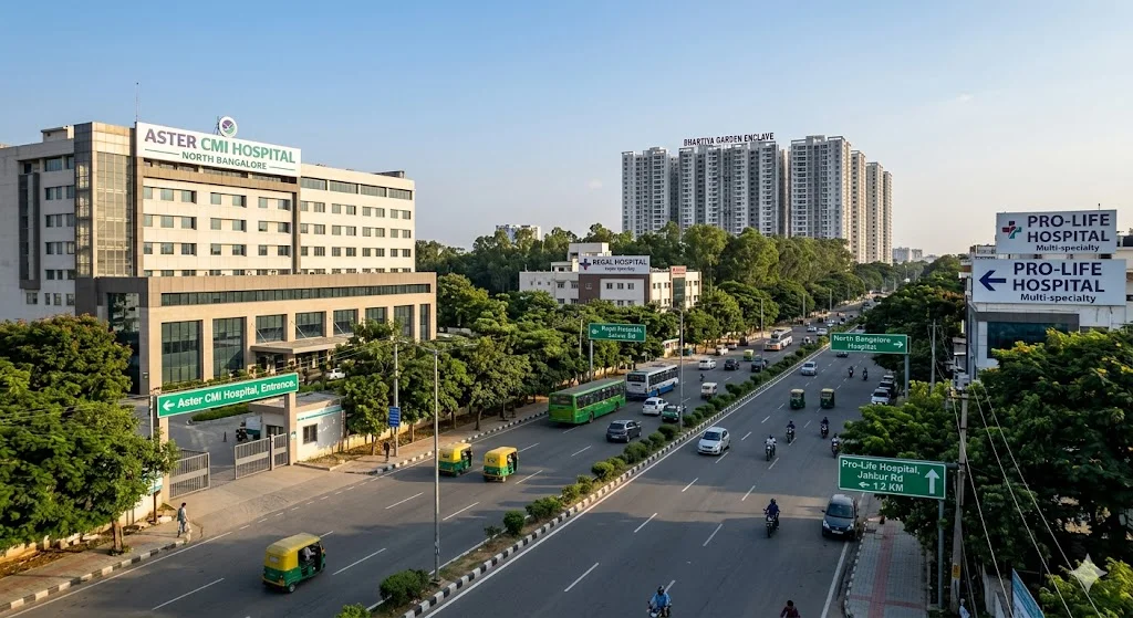 Map of emergency healthcare services and multi-specialty hospitals near Bhartiya Garden Enclave in the North Bangalore Airport corridor.